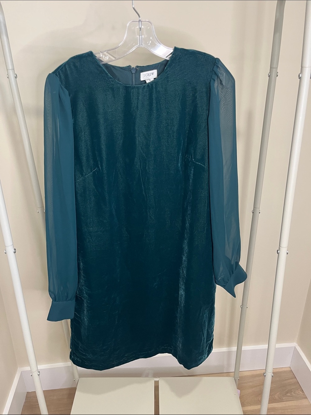 J. Crew Teal Long-Sleeve Shift Dress with Sheer Sleeves